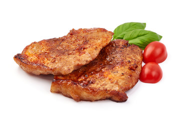 Baked juicy pork steak, isolated on white background