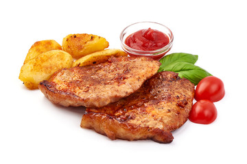 Baked juicy pork steak, isolated on white background