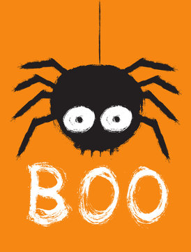 Scary Halloween Vector Illustration with Big Black Hairy Spider Isolated on an Orange Background. White Handwritten Boo. Infantile Style Hand Drawn Halloween Design for Card, Poster, Invitation.