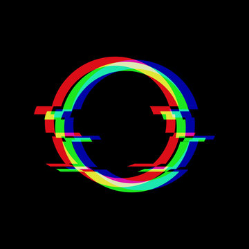 Vector symbol of circle in glitch style. Round Geometric glitched Icon isolated on black background. Modern digital pixel distorted design. Television video error shape.