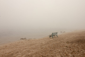 Fototapeta premium Lonely standing bench on the beach on the sand among the fallen leaves in the fog