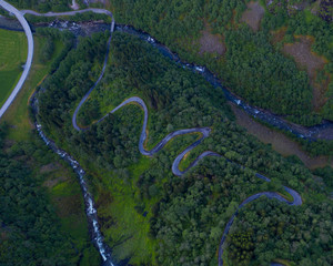 Serpantine road from the drone in Stalheim, Norway. July 2019.