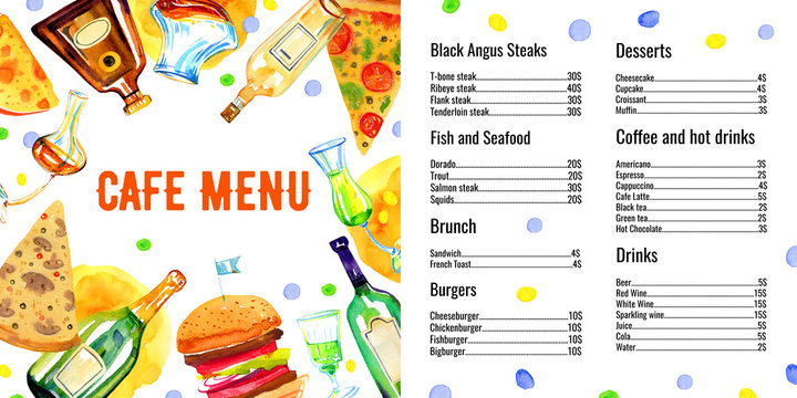 Cafe menu design template with list of drinks and food. Color glass alcohol bottles, cocktails and food. Watercolor hand drawn sketch illustration