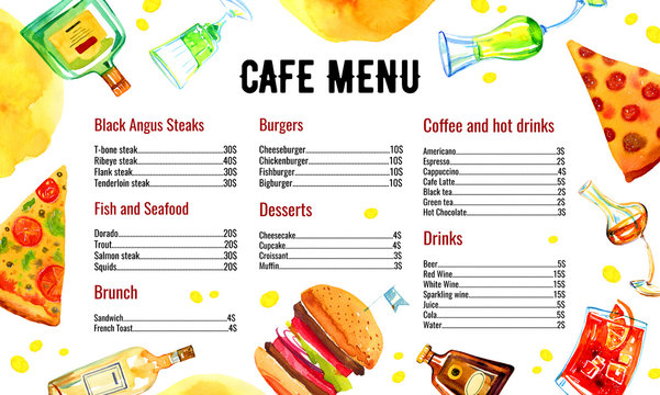 Cafe menu rectangular design template. Color glass alcohol bottles, cocktails, pizza and burger. Watercolor hand drawn sketch illustration