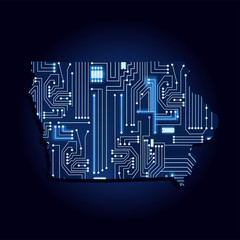 Contour map of Iowa with a technological electronics circuit. USA state. Blue background.