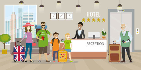 Cartoon People with luggage and woman receptionist.travel and hospitality concept