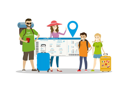 Happy family travellers with baggage and big boarding pass,funny vacation concept,