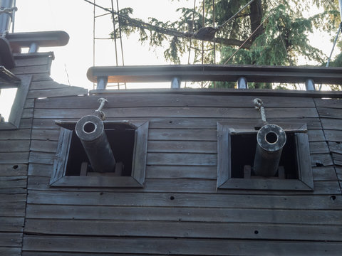 Wooden ship with guns. Park Riviera Sochi