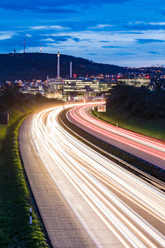 Germany, Baden-Württemberg, Light trails on federal highway near Unterturkheim