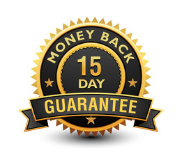 Heavy powerful 15 day money back guarantee badge, seal, stamp, label with ribbon isolated on white background.