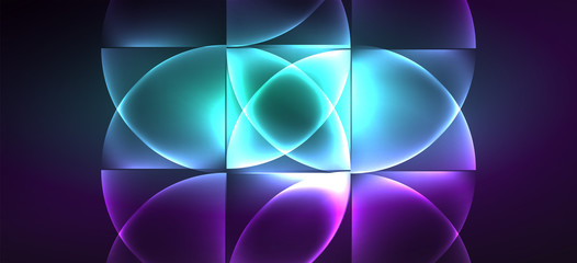 Neon glowing techno lines, hi-tech futuristic abstract background. Template with abstract shapes in dark space