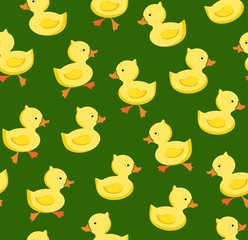 Ducklings, seamless pattern, color, green, vector. Yellow cheerful ducklings. Color, flat picture. Vector, flat seamless background. 