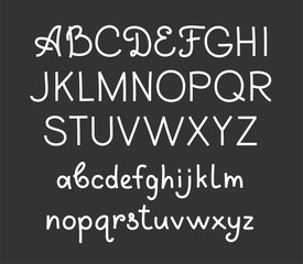 Handwritten font, English, thin, white, vector. White English alphabet on a gray field. Uppercase and lowercase letters.Thin felt-tip pen. Imitation.  