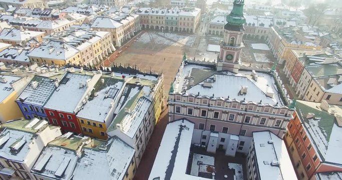 Winter aerial drone view of small town