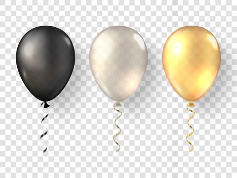 Black, white gold realistic balloons. Glossy 3D golden baloon set on transparent background. Festive 3d helium ballons isolated.