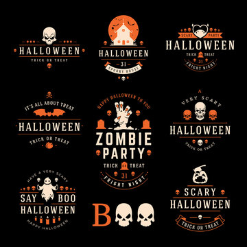 Halloween labels and logos with creepy and spooky symbols design elements collection vector illustration.