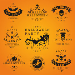 Halloween labels and logos with creepy and spooky symbols design elements collection vector illustration.
