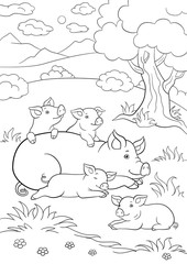 Coloring pages. Mother pig lays with her little cute piglets.