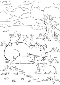 Coloring Pages. Mother Pig Lays With Her Little Cute Piglets.