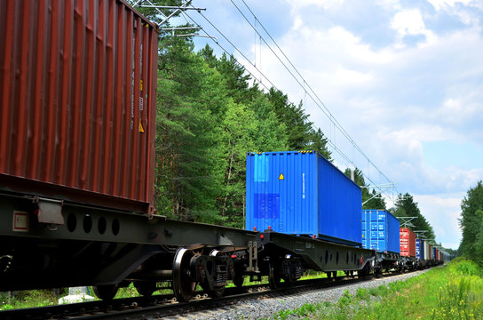 Freight train, transportation of railway cars by cargo containers shipping. Railway logistics concept - Image