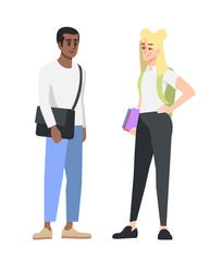 Fototapeta premium High school students flat vector illustration. Teenage multicultural schoolchildren talking cartoon characters. Multiracial teens at school talking. Caucasian girl and dark skinned girl communicating