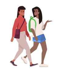 schoolgirls talking flat vector illustration. Multiracial high school children walking isolated cartoon characters on white background. Teenage multicultural dark skinned girls communicating