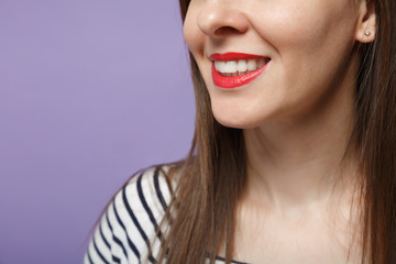 Close up cropped smiling woman girl with clean skin, red sensual lips white health even straight...