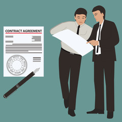 Men, in business attire, consider the Contract Agreement - stamp imprint Legal services - vector. Logo, banner for law firms.