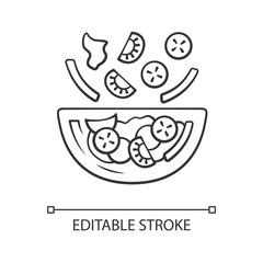 Salad bowl linear icon. Fresh organic food. Vegan eating, vegetables. Healthy nutrition. Tomato, cucumber. Thin line illustration. Contour symbol. Vector isolated outline drawing. Editable stroke