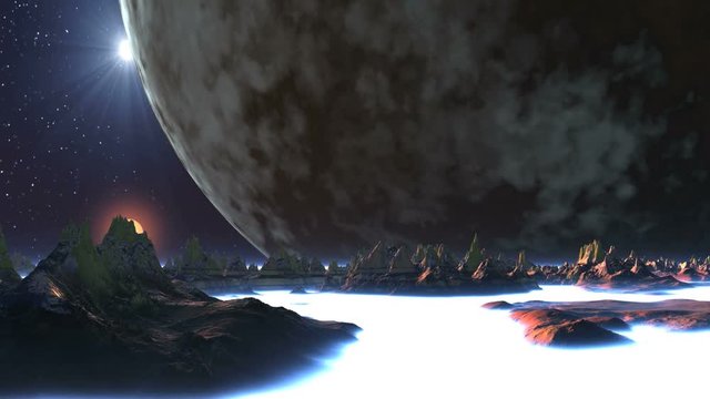 Giant Moon and Two Suns over Alien Planet. Above the mountains, standing among thick white fog, a giant planet (moon) rotates slowly. On a dark starry sky two bright sun illuminates the planet. 