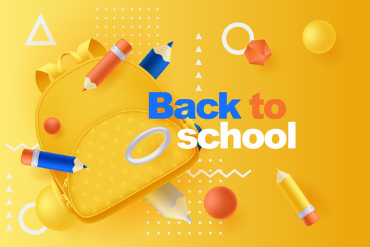 Back to school poster, banner design template. Vector 3d illustration of pencils, backpack, plastic geometric shapes