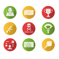 Online game inventory flat design long shadow glyph icons set. Player, first aid kit, trophy cup. Weapon, game over, parachute, cooking pan, shooter, mobile game. Vector silhouette illustration