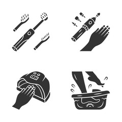 Beauty devices glyph icons set. Electric toothbrush and foot spa bath massager. Electric manicure and nail dryer. Beauty gadgets. Nail file drill. Silhouette symbols. Vector isolated illustration
