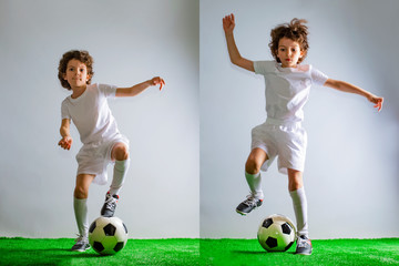 Boy with soccer ball, Footballer on the gray back ground. Set