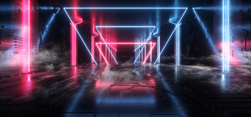 Fototapeta premium Smoke Futuristic Sci Fi Modern Neon Lights Blue Purple Glow Concrete Columns Circle Shape Technology Schematic Chip Texture Reflective Dark Tunnel Room Corridor Alien Spaceship Vibrant 3D Rendering
