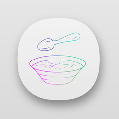 Soup app icon. Bowl and spoon, kitchenware. Hot steaming soup plate. First meal. Healthy diet. Nutritious meal. UI/UX user interface. Web or mobile applications. Vector isolated illustrations