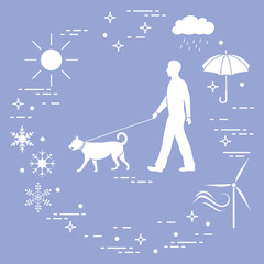 Man walking a dog on a leash in any weather.