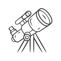 Telescope linear icon. Moon, planets exploration. Spyglass on tripod. Astronomy, astrophysics, astrology. Thin line illustration. Contour symbol. Vector isolated outline drawing. Editable stroke