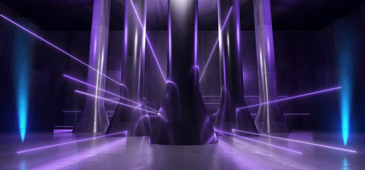 Fototapeta na wymiar Neon Lgihts Purple Magical Chaotic Retro Modern Column Grunge Concrete Hall Room Studio Stage Futuristic Sci Fi Stone Dark Empty Reflective Lasers 3D Rendering