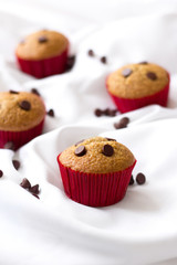 Vanilla flavored cupcake with chocolate chips on a white tablecloth