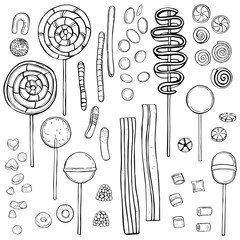 Hand drawn lollipops , candy and marmalade set. Vector sketch illustration.