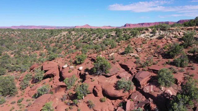 Aerial southwest red rock desert cliff cedar trees. Southwest Utah near Arizona border. Location of many western movies. Arid mountain valley landscape. Many national parks in area. 