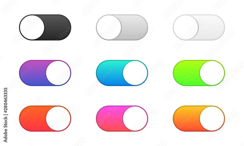 Poster set of realistic toggle switch buttons. on and off. black, gray, white and colored switch interface 