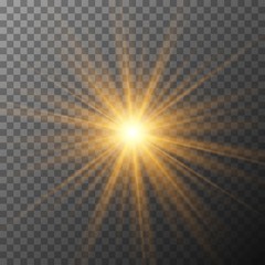 Realistic starburst lighting. Yellow sun rays and glow on transparent background. Glowing light burst explosion. Flare effect decoration with ray sparkles. - obrazy, fototapety, plakaty