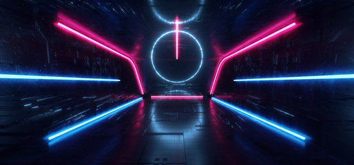 Futuristic Sci Fi Neon Glowing Lights Purple Blue Stage Night Club Construction Empty Background Grunge Concrete Reflective Tunnel Corridor Garage Gallery Underground 3D Rendering