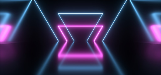 Sci Fi Modern Futuristic Neon Lights Blue Purple Glow Abstract Lasers Beam Club Stage Technology Reflective Dark Tunnel Room Corridor Alien Spaceship Night Vibrant 3D Rendering
