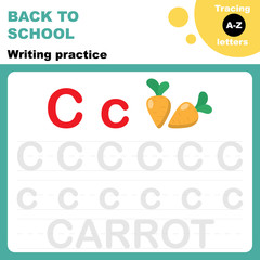 Back to school. Writing practice worksheet. Tasing alphabet letters. Letter C is for carrot. Flash card for preschoolers. 
