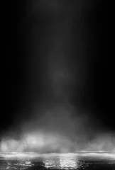 Fototapeten Nasser Asphalt, Reflexion von Neonlichtern, ein Suchscheinwerfer, Rauch. Abstraktes Licht in einer dunklen, leeren Straße mit Rauch, Smog. Dunkle Hintergrundszene der leeren Straße, Nachtansicht, Nachtstadt. © MiaStendal