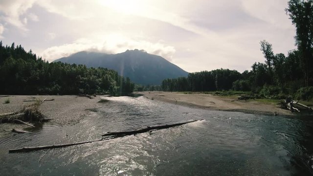 Snoqualmie River Drone Shot with Mt Si Background
