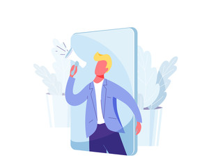 Refer a friend marketing vector background. Business man shout at megaphone about loyalty, promotion, gifts. Internet, phone, mobile concept